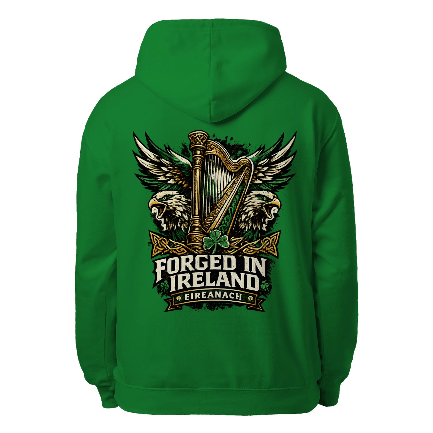 Kelly green unisex hoodie, full back logo with harp and wings