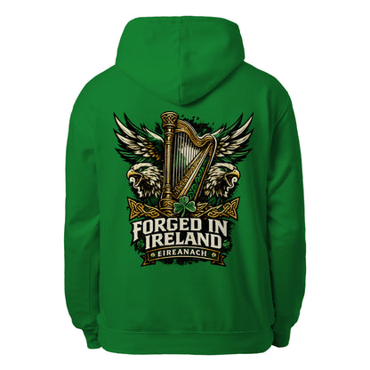 Kelly green unisex hoodie, full back logo with harp and wings