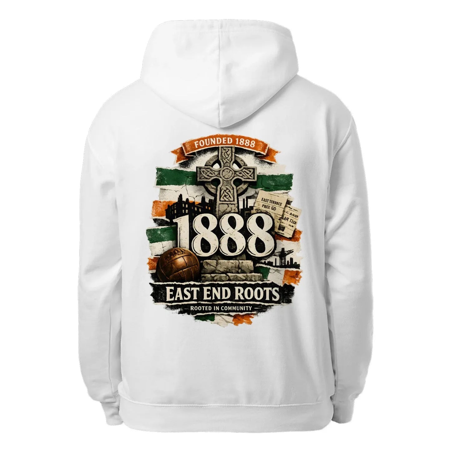 White unisex pullover hoodie with hood and large back graphic print