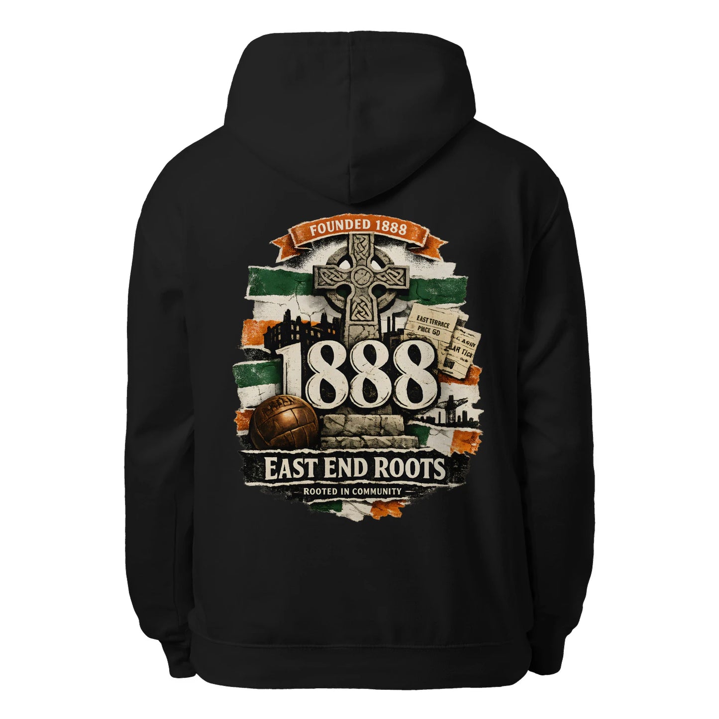 Black unisex hoodie with hood, drawstrings, and large back graphic print