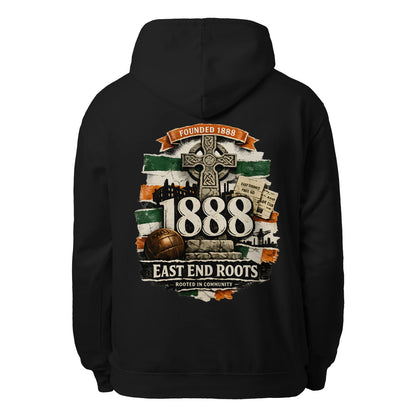 Black unisex hoodie with hood, drawstrings, and large back graphic print