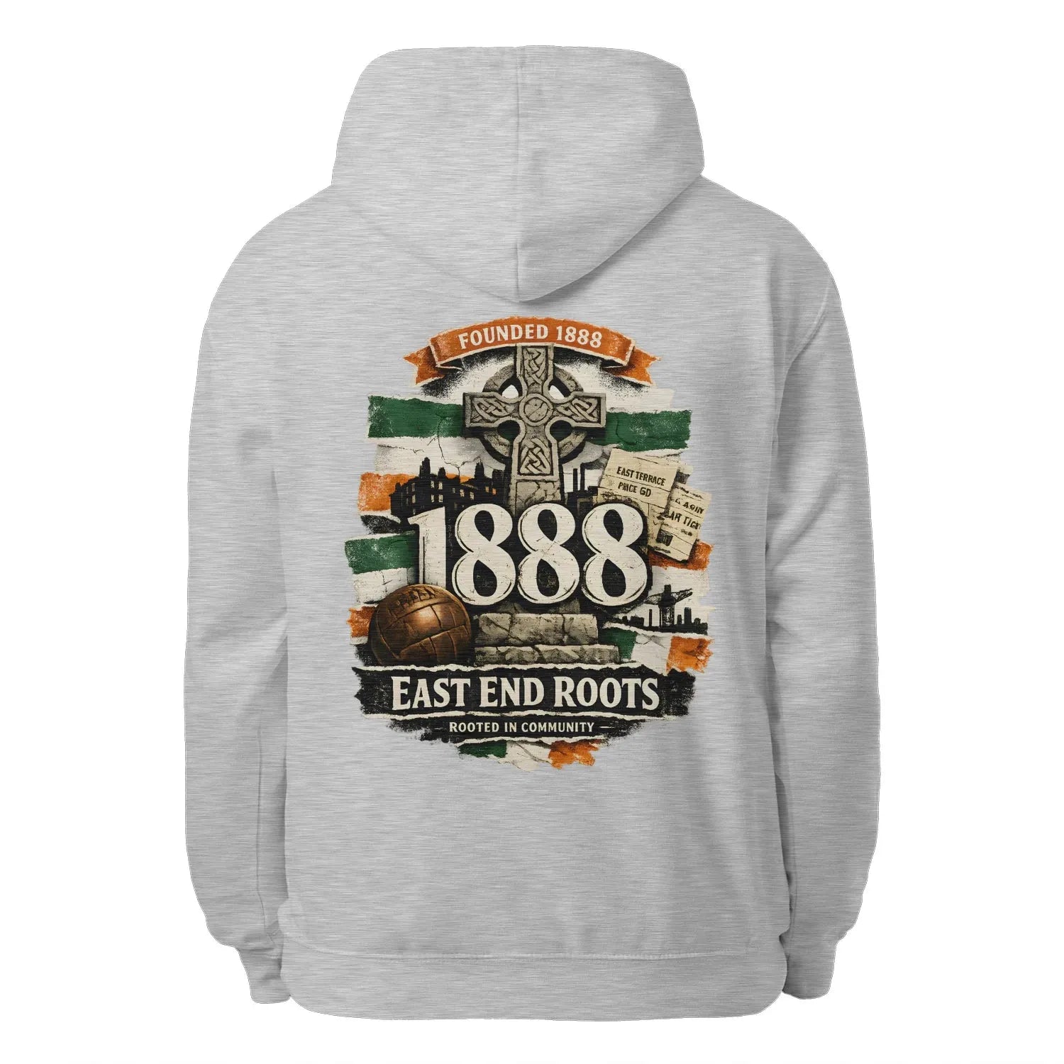 Heather grey unisex pullover hoodie with hood, drawstrings, and large back graphic