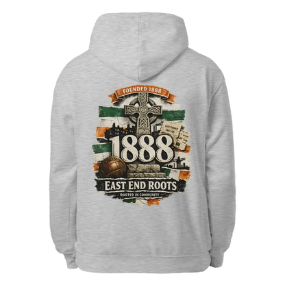 Heather grey unisex pullover hoodie with hood, drawstrings, and large back graphic