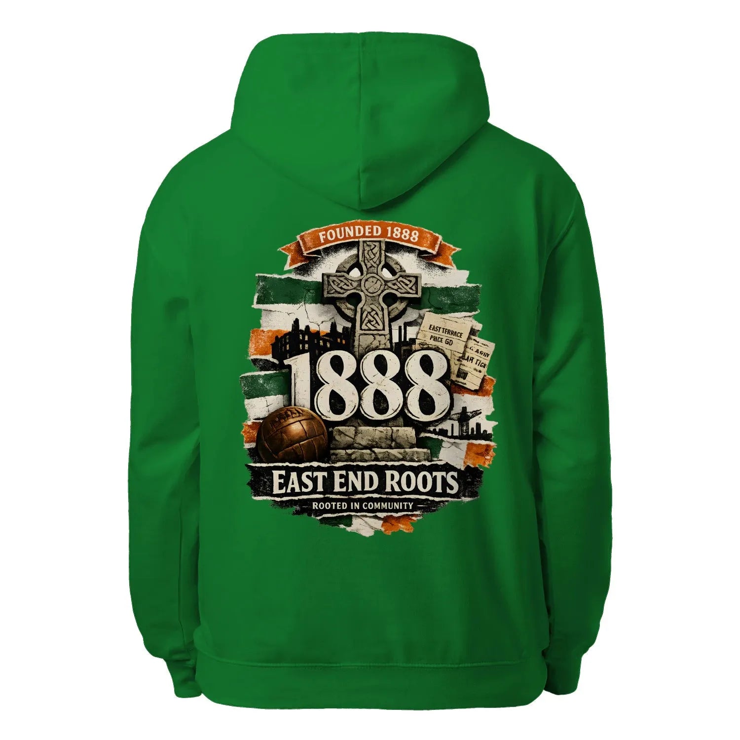 Kelly green unisex pullover hoodie with hood and large back graphic print