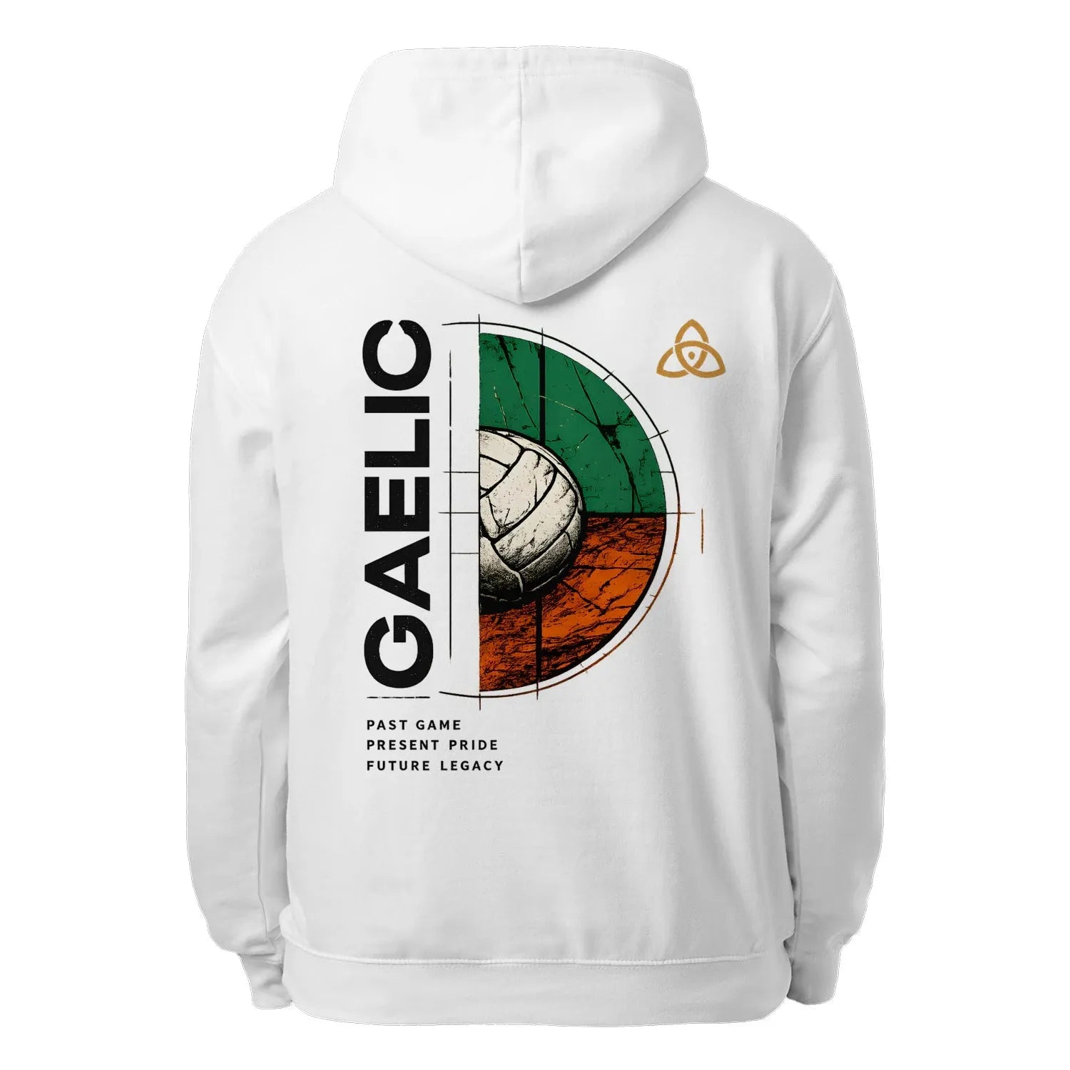 White unisex hoodie with large back graphic and hood with drawstring