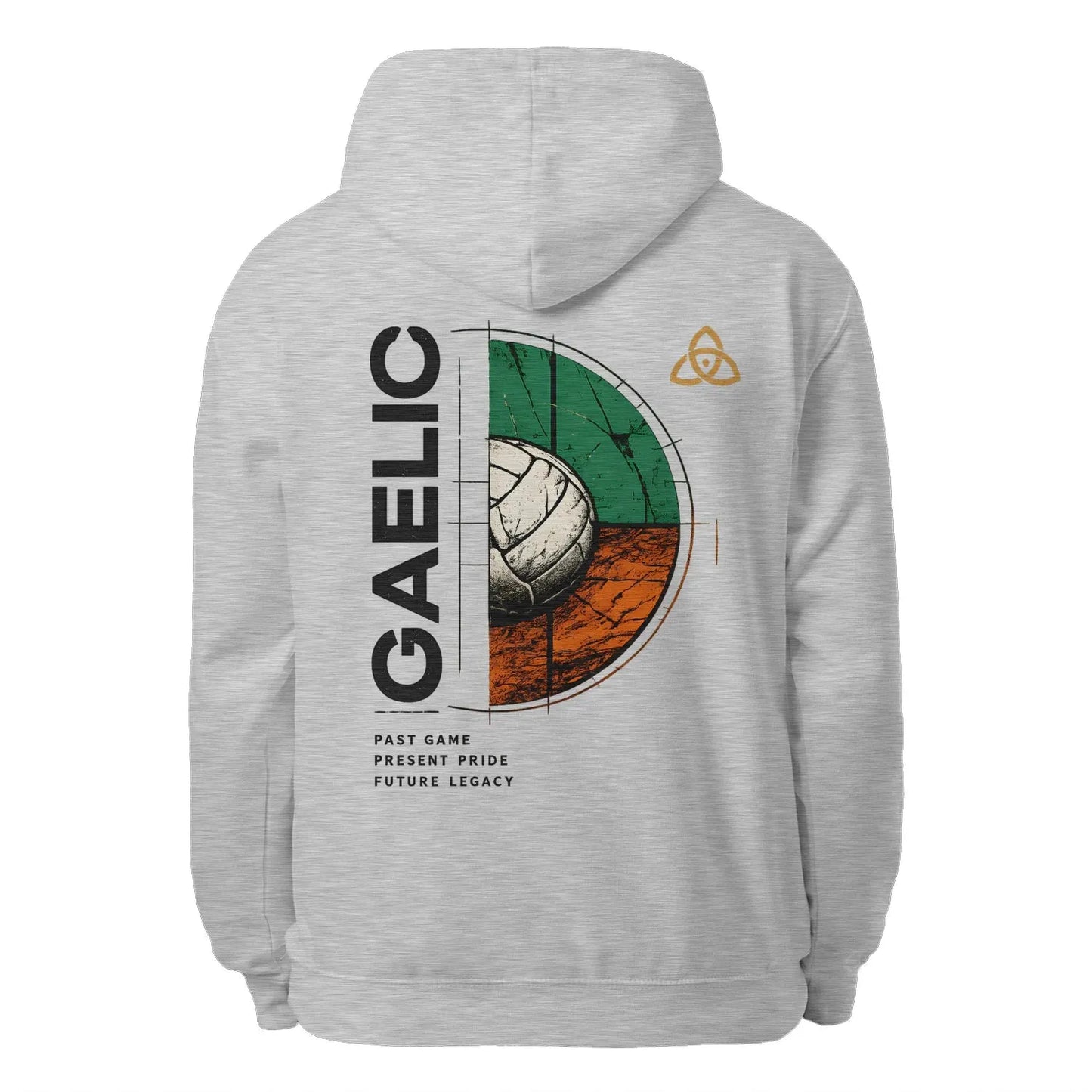 Heather grey unisex hoodie with large back graphic and hood with drawstring