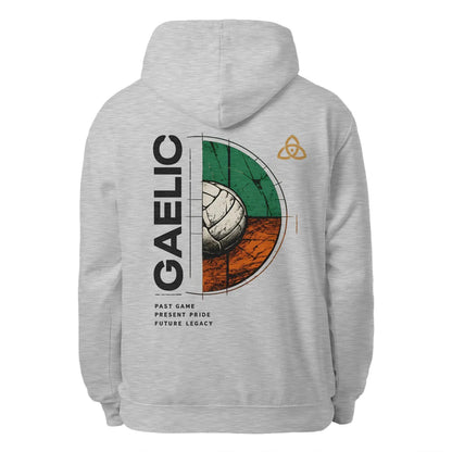 Heather grey unisex hoodie with large back graphic and hood with drawstring