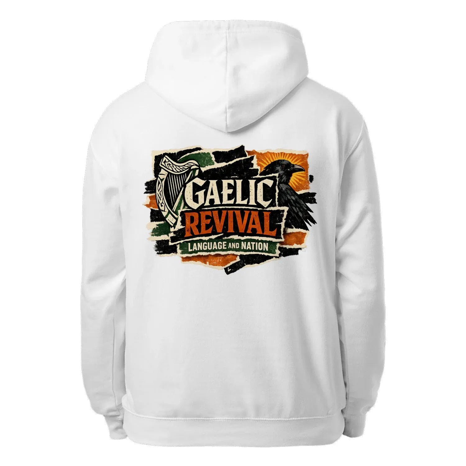 White unisex hoodie with 'GAELIC REVIVAL' back graphic, hood and drawstring