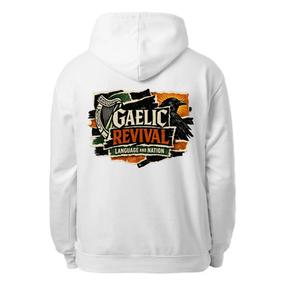 White unisex hoodie with 'GAELIC REVIVAL' back graphic, hood and drawstring