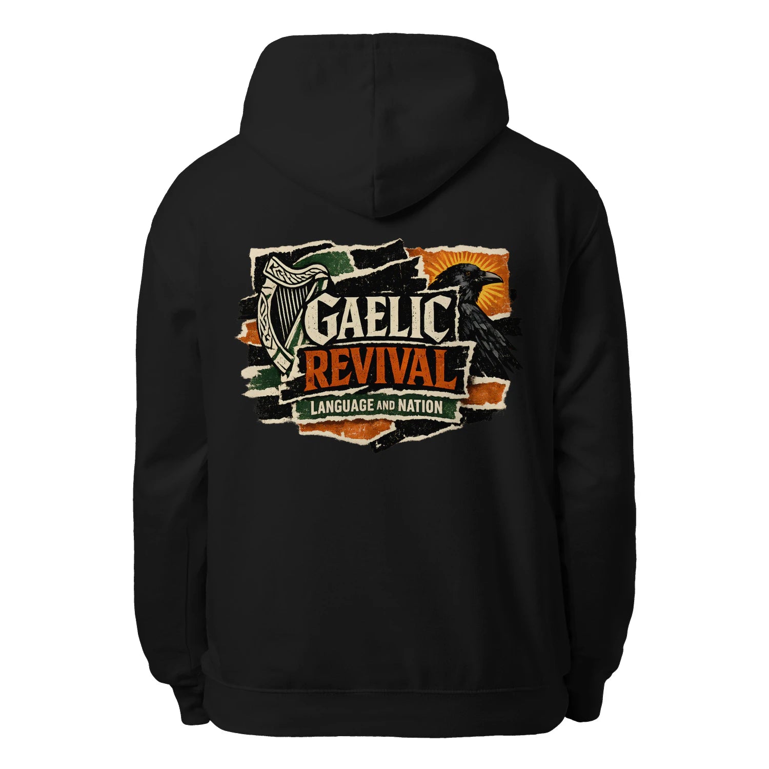 Black unisex hoodie with large 'GAELIC REVIVAL' back graphic, hood and drawstring