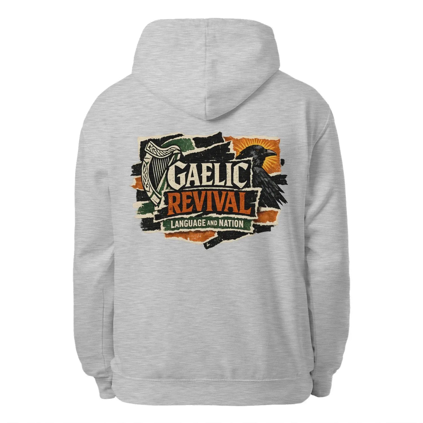 Heather grey unisex hoodie with 'GAELIC REVIVAL' back graphic, hood and drawstring