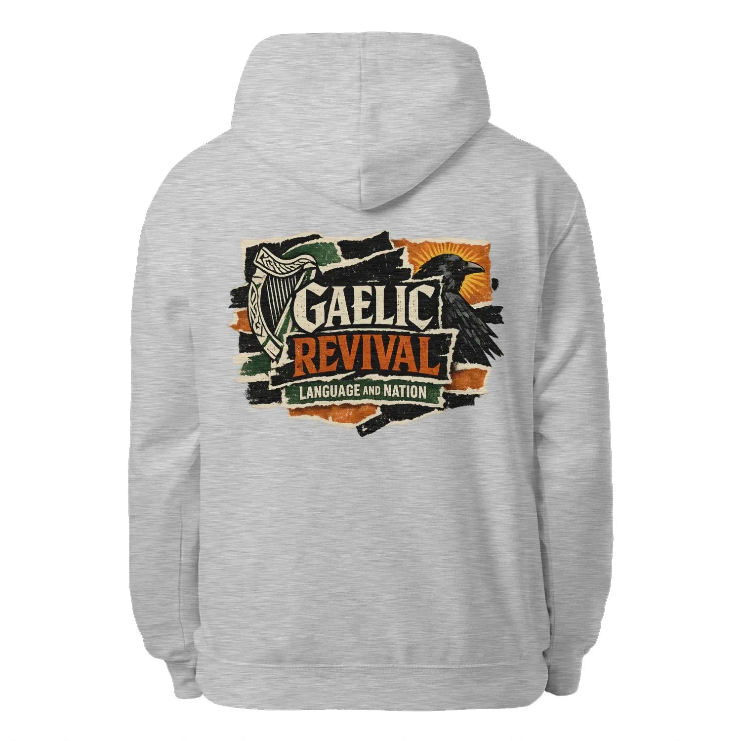 Heather grey unisex hoodie with 'GAELIC REVIVAL' back graphic, hood and drawstring