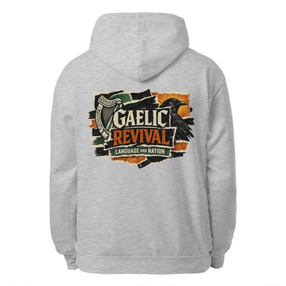 Heather grey unisex hoodie with 'GAELIC REVIVAL' back graphic, hood and drawstring