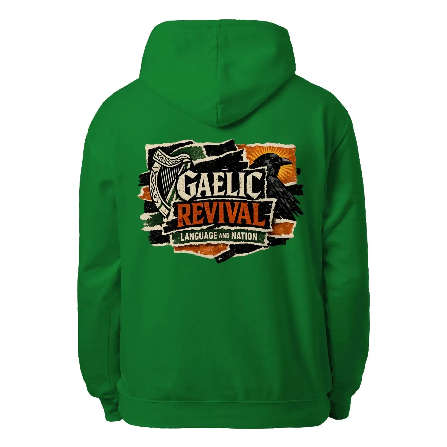 Kelly green unisex hoodie with 'GAELIC REVIVAL' back graphic, hood and drawstring