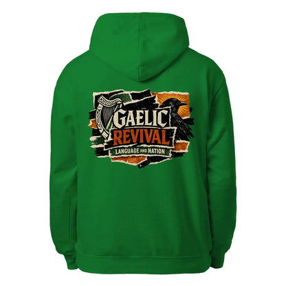 Kelly green unisex hoodie with 'GAELIC REVIVAL' back graphic, hood and drawstring