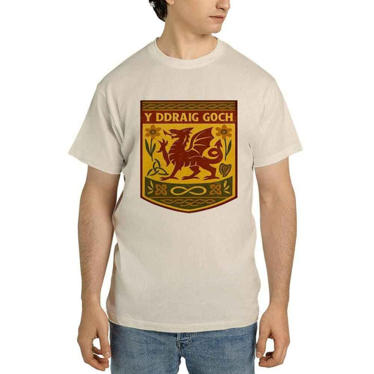 Dust-beige short-sleeve jersey T-shirt with crew neck and front graphic print — Celtic heritage product gift | Celtic Wolf Wear® UK