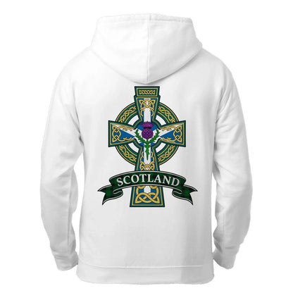 White back zip hoodie with large Celtic cross crest and “SCOTLAND” text