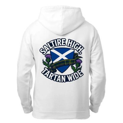 White zip hoodie with hood and large back crest graphic