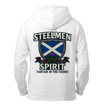 White zip hoodie with Steelmen Spirit shield graphic on back