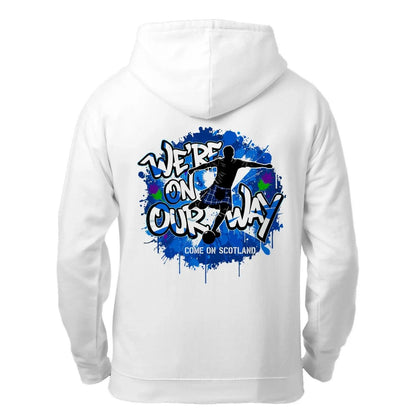 White zip hoodie shown from back with blue slogan graphic and “COME ON SCOTLAND”.