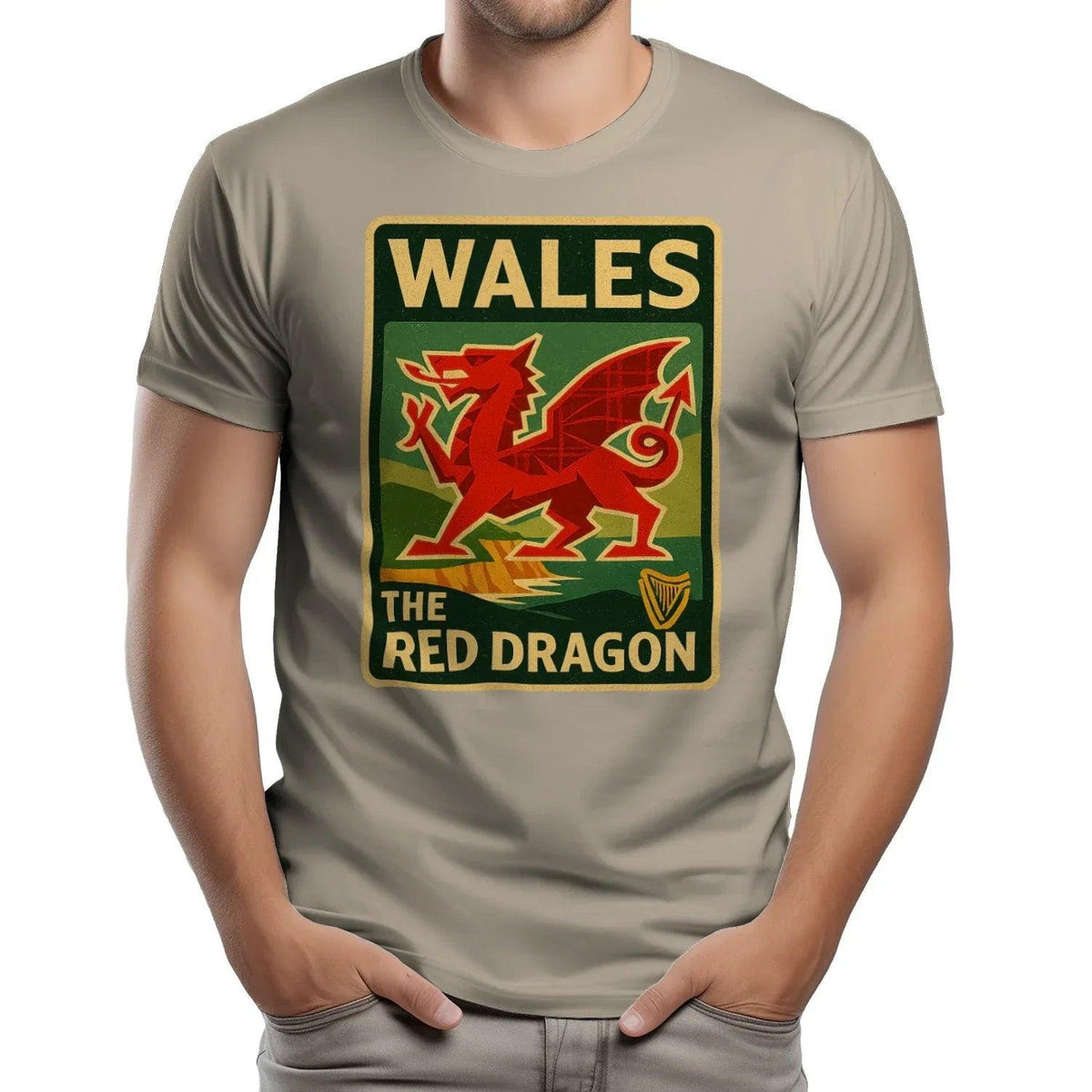 Olive green T-shirt with Wales red dragon crest graphic on chest