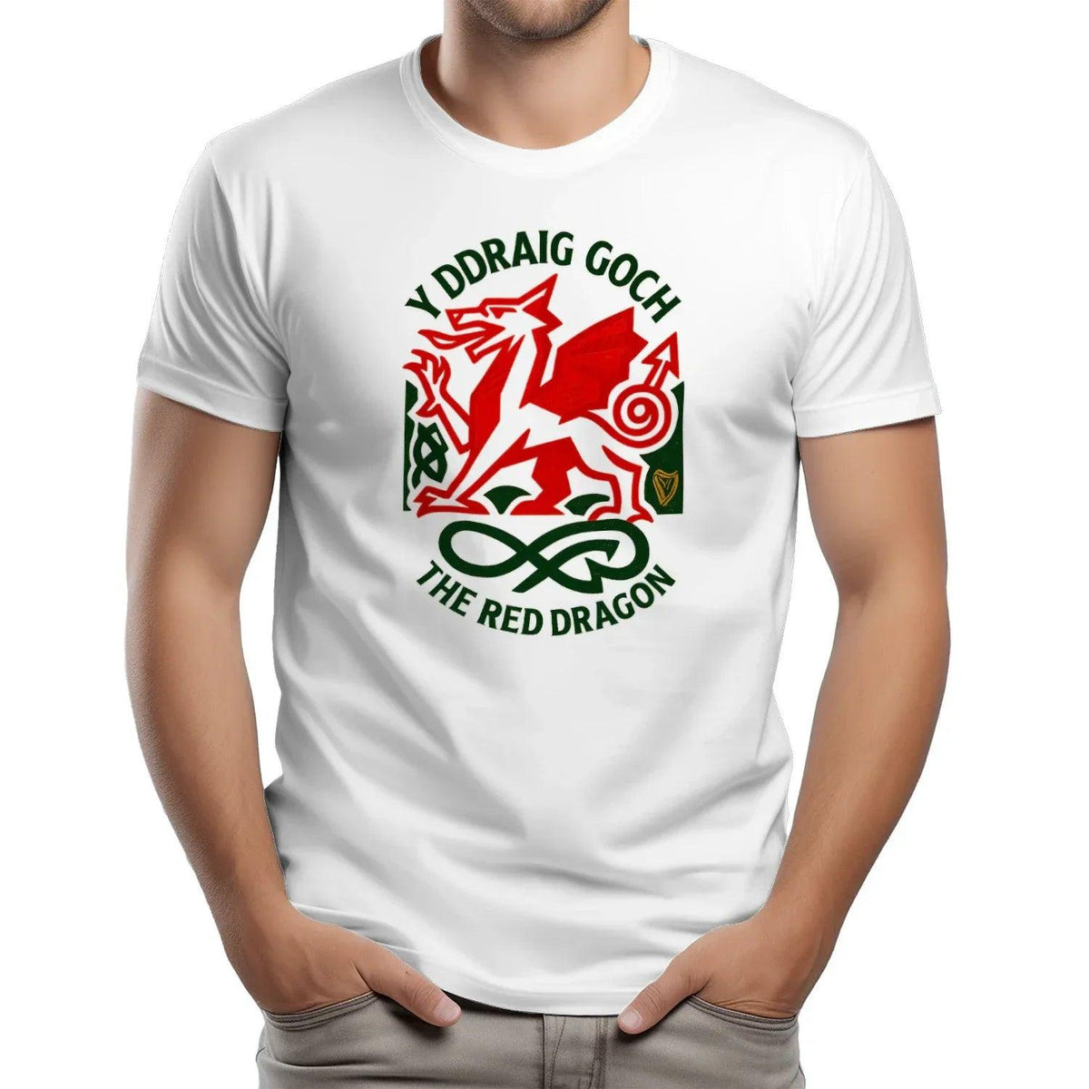 White T-shirt with Wales dragon graphic front, crew neck short sleeves