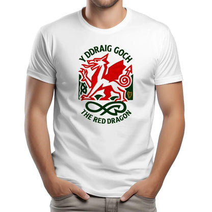 White T-shirt with Wales dragon graphic front, crew neck short sleeves