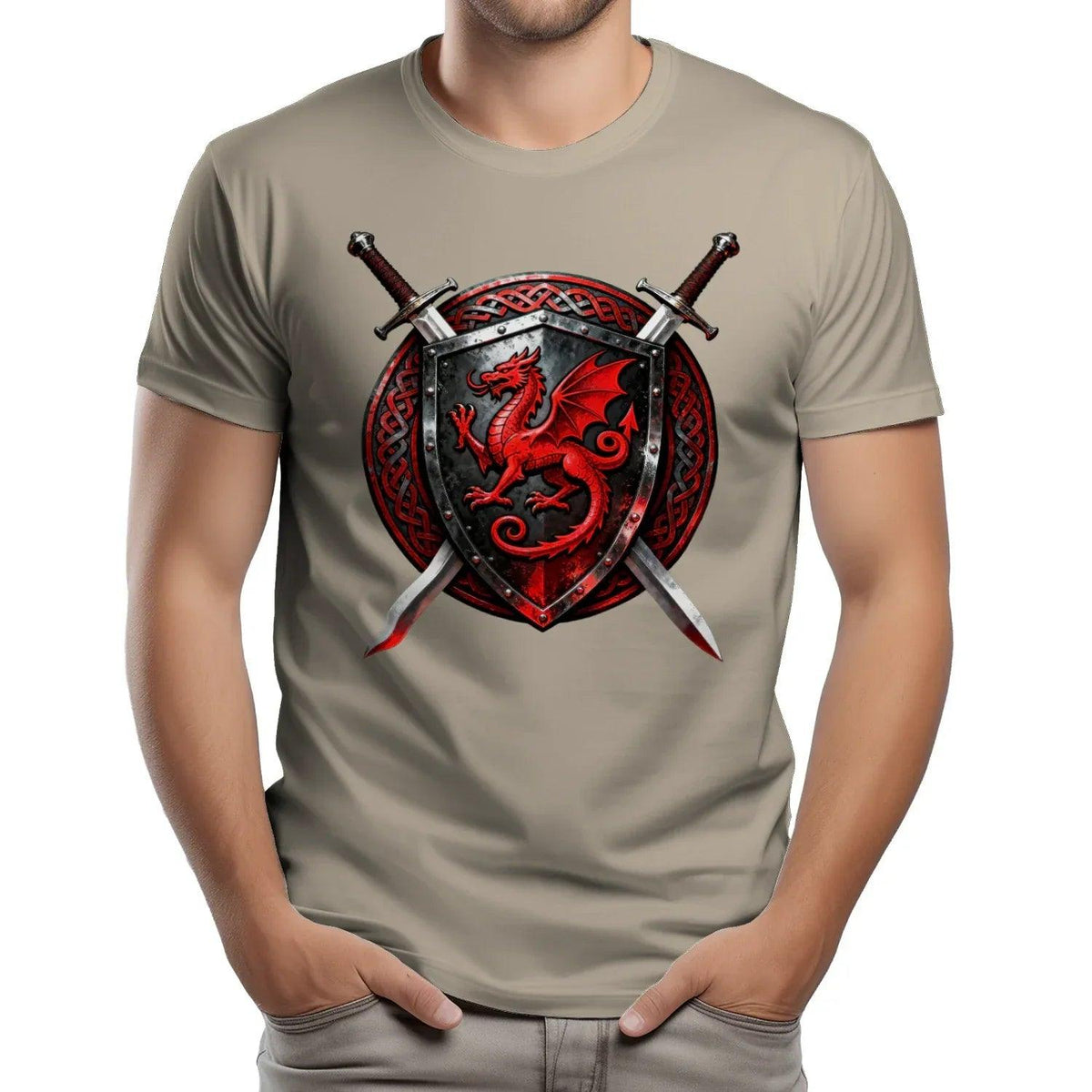 Light tan T-shirt with red dragon shield and crossed swords chest graphic