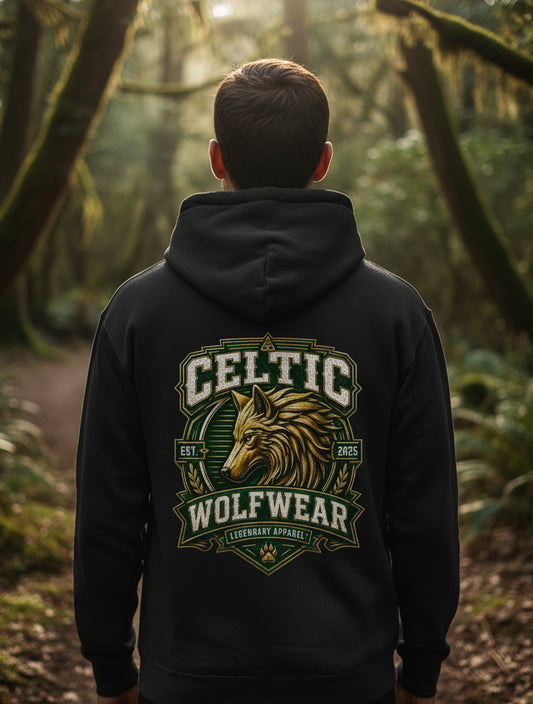 Black pullover hoodie with large back wolf-crest logo, hood and kangaroo pocket